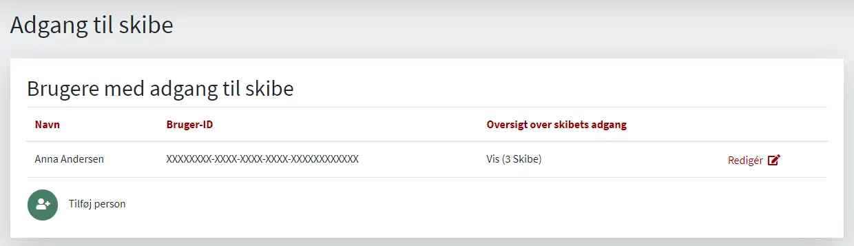 Figur 4: Oversigt over, hvem der har adgang til dine skibe på Skibsreder Selvbetjening